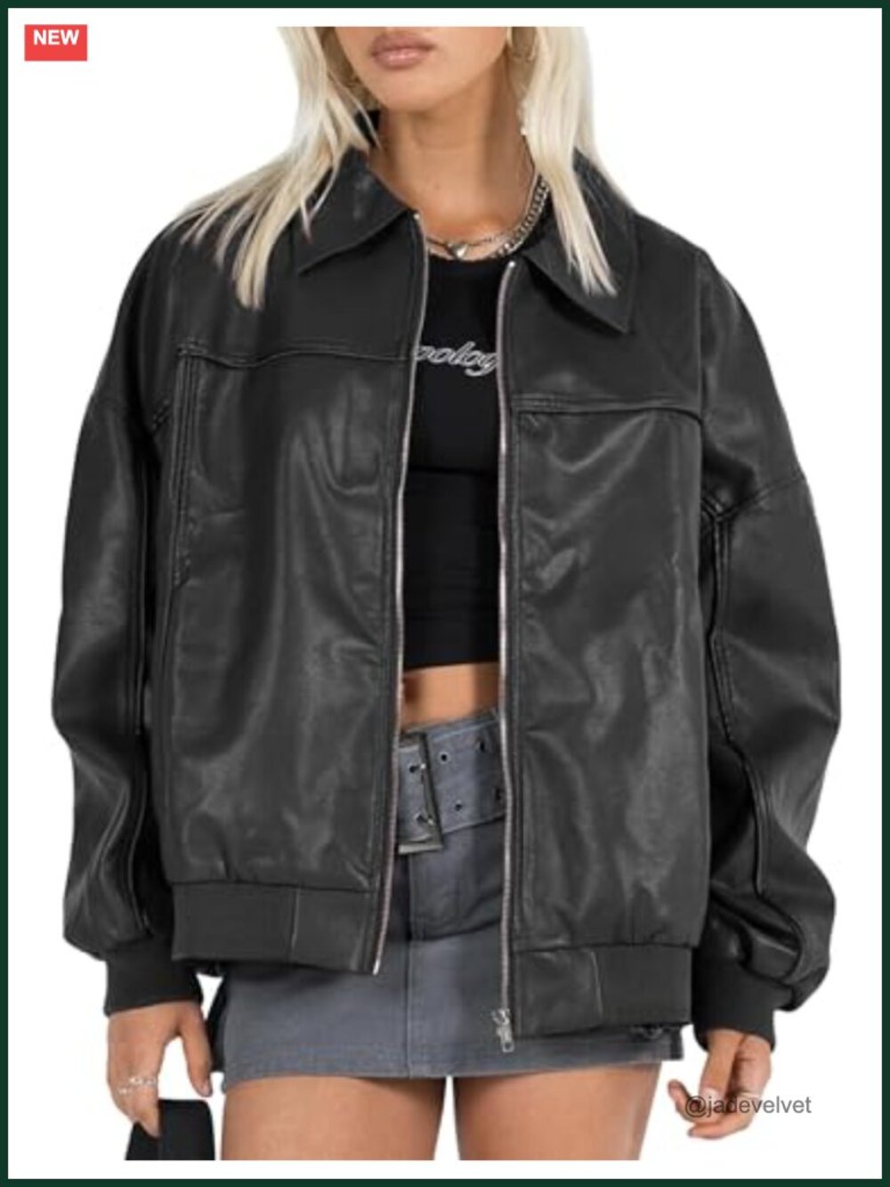 Faux Leather Oversized Bomber Jacket Zip Up Motorcycle Boyfriend Coat